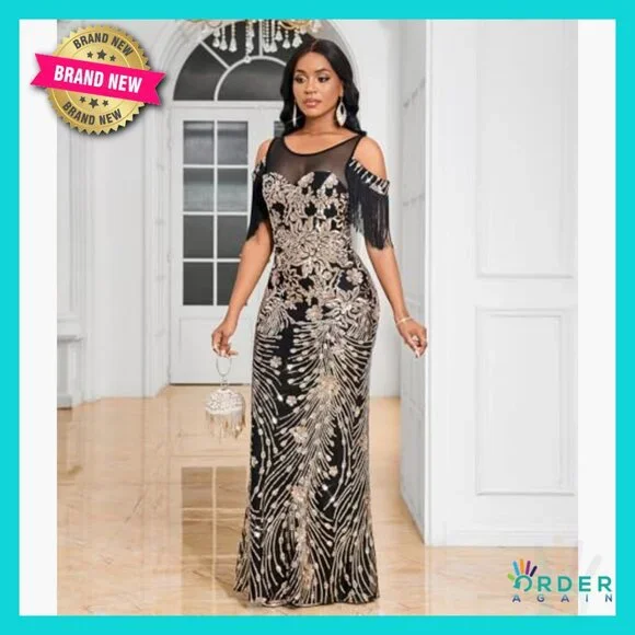 Sequin Mermaid Formal Gown One Shoulder Tassel Sleeve Maxi Dress Elegant